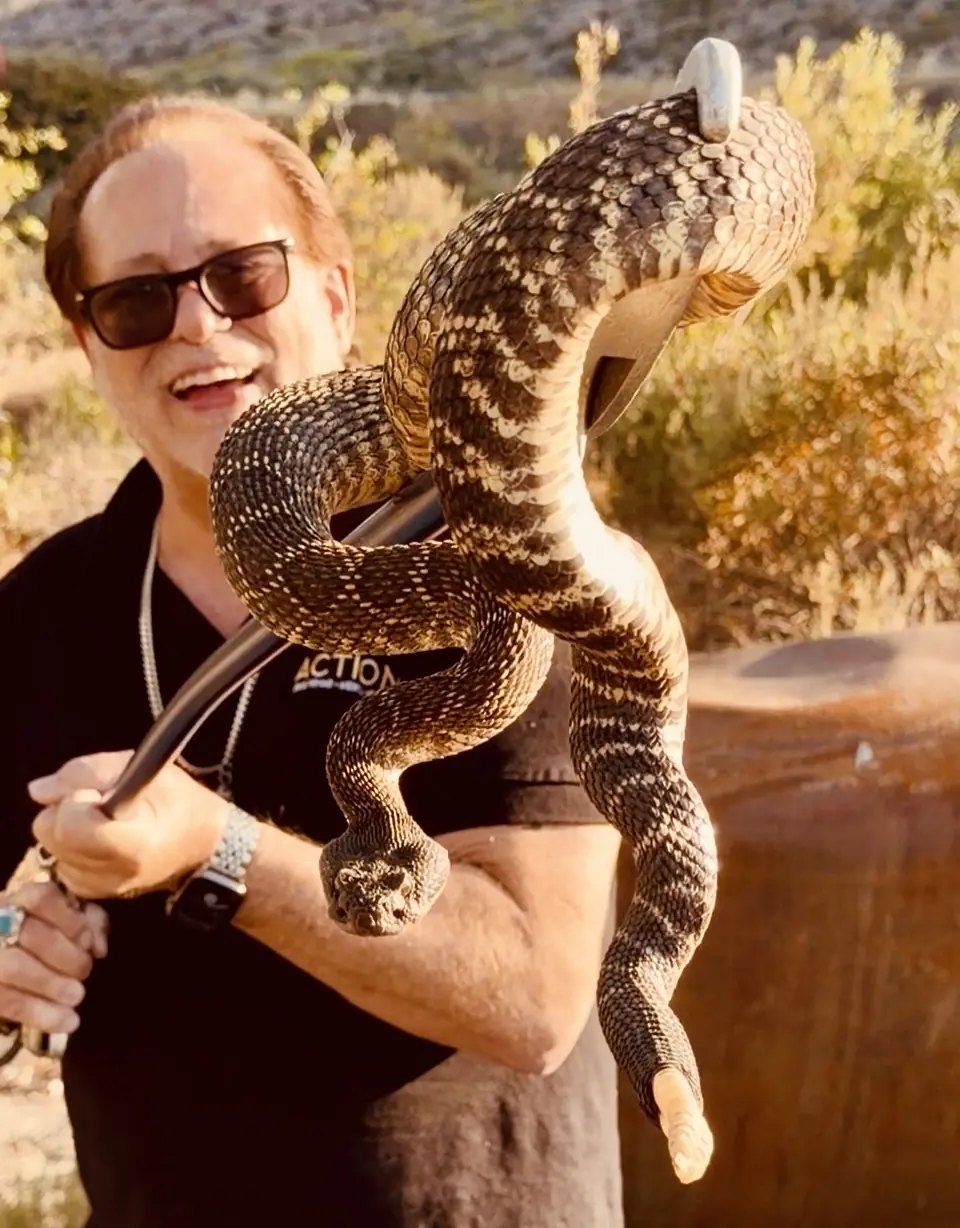 Cary Quashen holding a rattlesnake on a catch pole — Cary Quashen Rattlesnake Wrangling