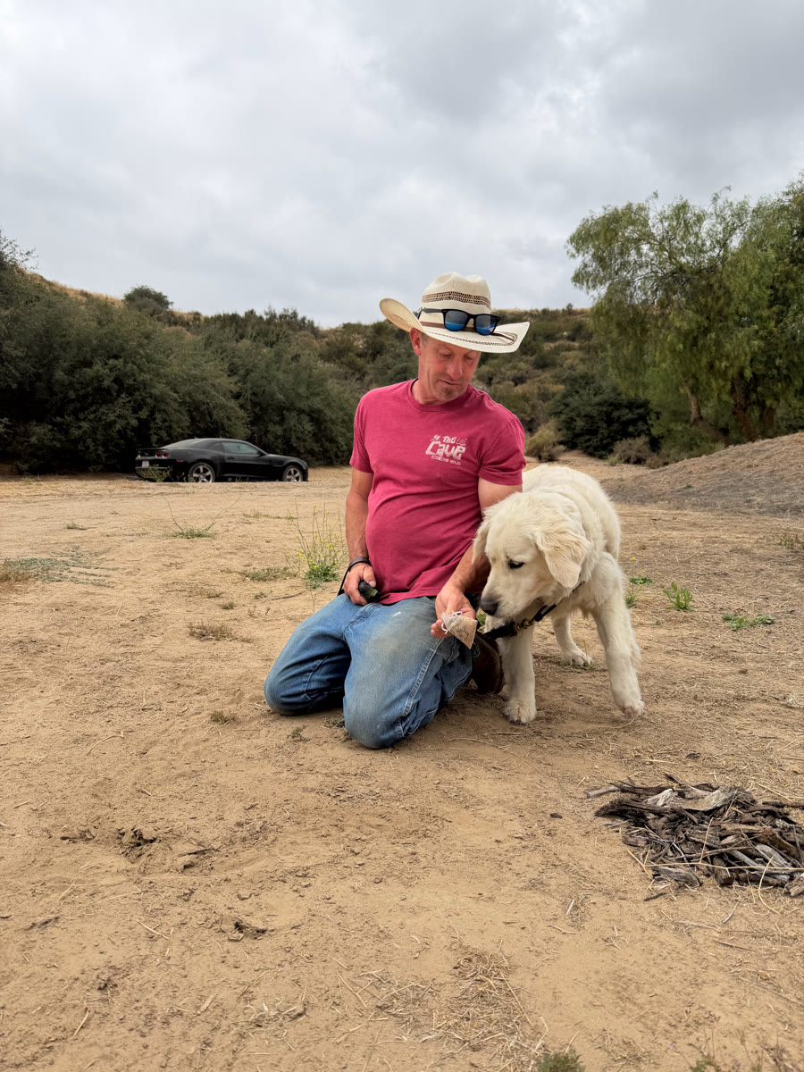 A Snake School trainer teaching a dog to recognize rattlesnake scent on the ranch