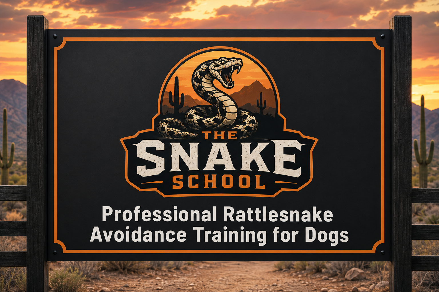 The Snake School sign — professional rattlesnake avoidance training for dogs