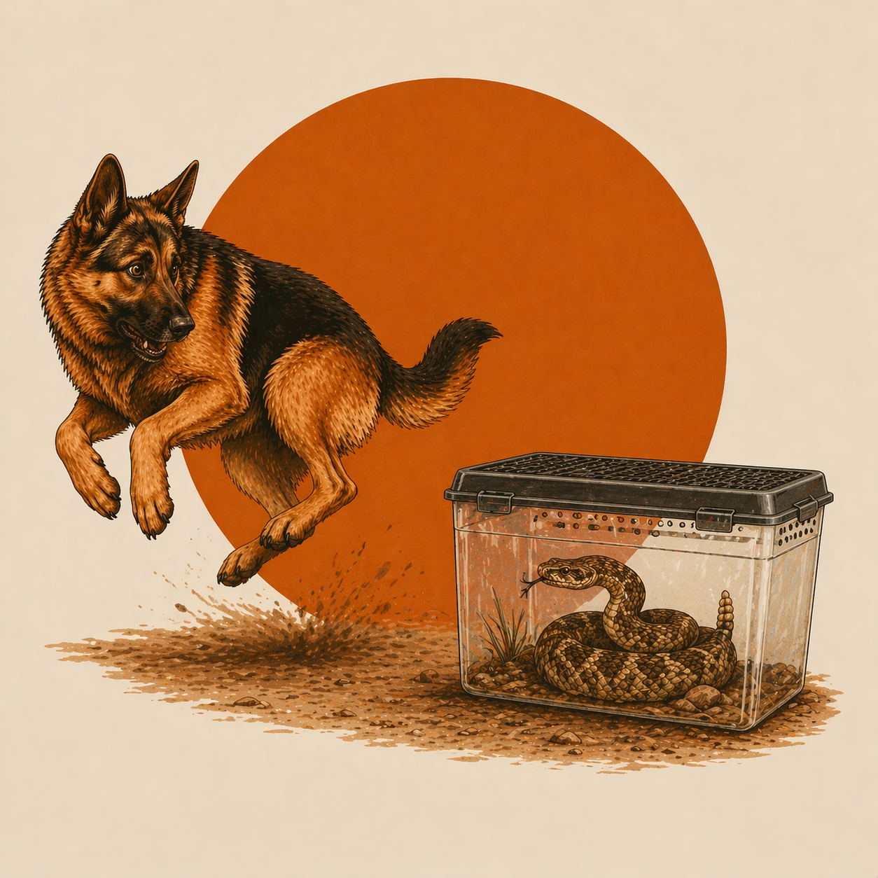A dog jumping away from a rattlesnake safely contained in a caged unit — the final den test